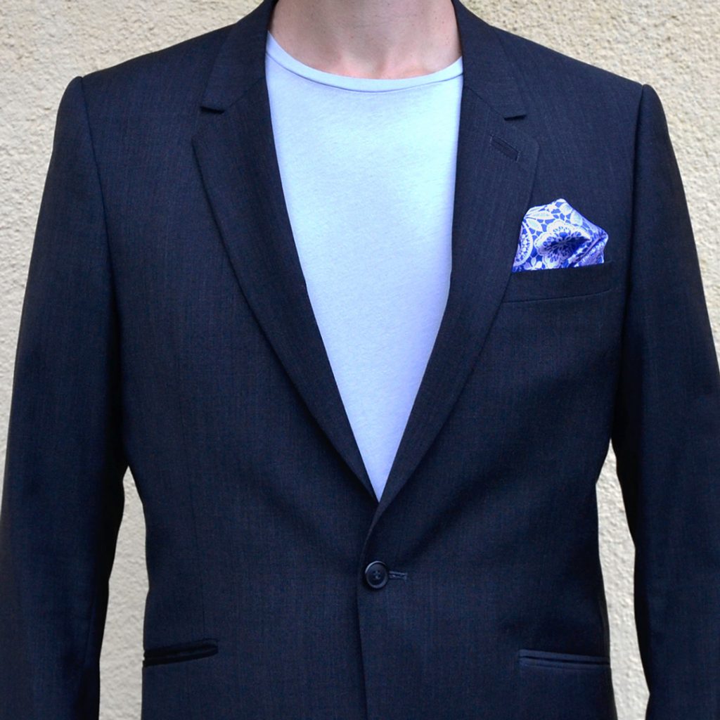 Steel blue pocket square with white flowery pattern